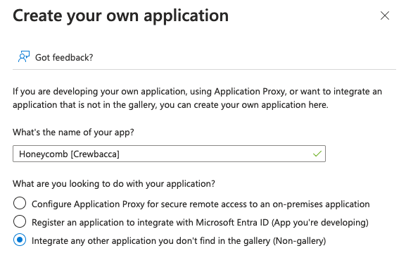 Microsoft Entra Create your own application modal