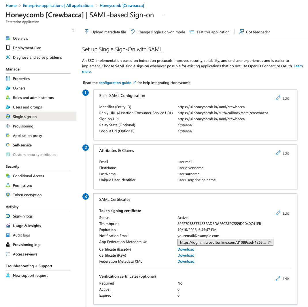 Complete Microsoft Entra SAML configuration for Honeycomb