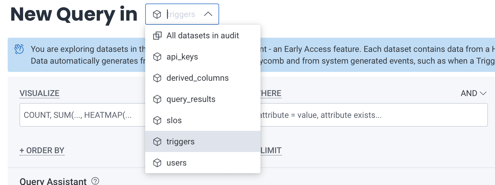 List of datasets for the Activity Log environment shown through the Dataset scope dropdown window in Query Builder.