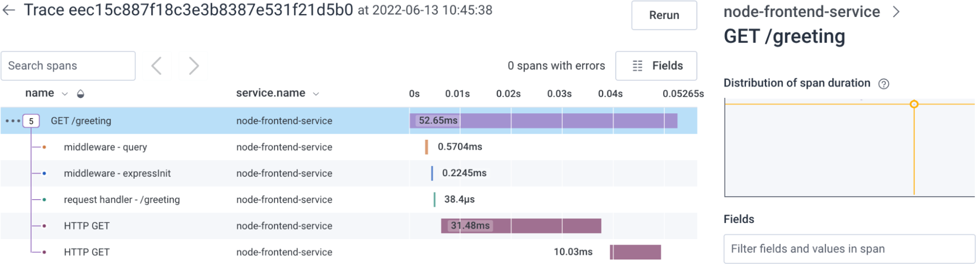 First trace for our automatically-instrumented example application