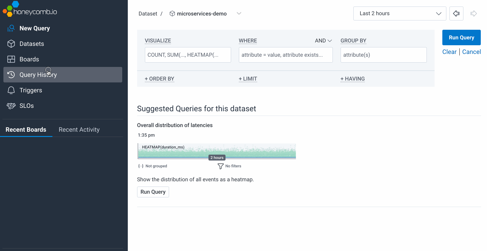 An animated gif where after a blank new query is run, the user selects the Events tab to show the rows of available raw data.