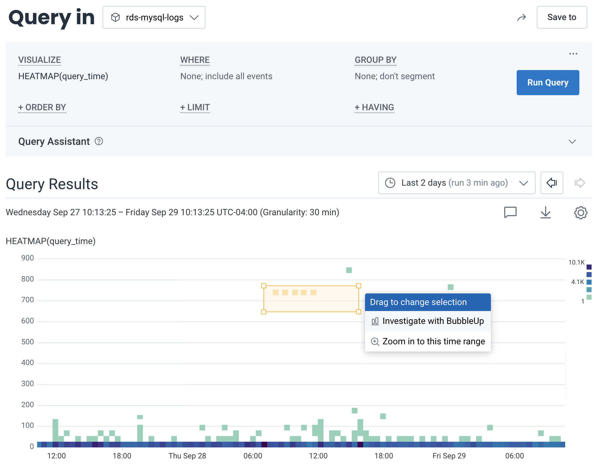 A screenshot depicting a heatmap on the query_time field with a BubbleUp box drawn around logs with a long duration.