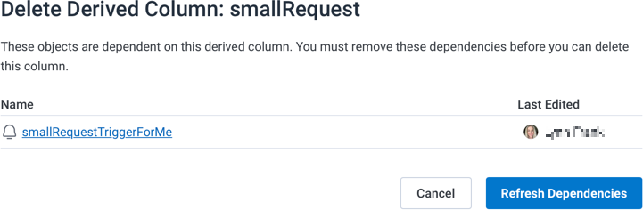 Delete a derived column modal with dependent objects shown