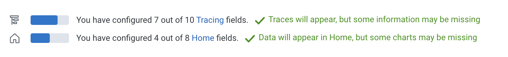 Example of Tracing and Home configuration completion indicators with Tracing complete and Home partially complete.