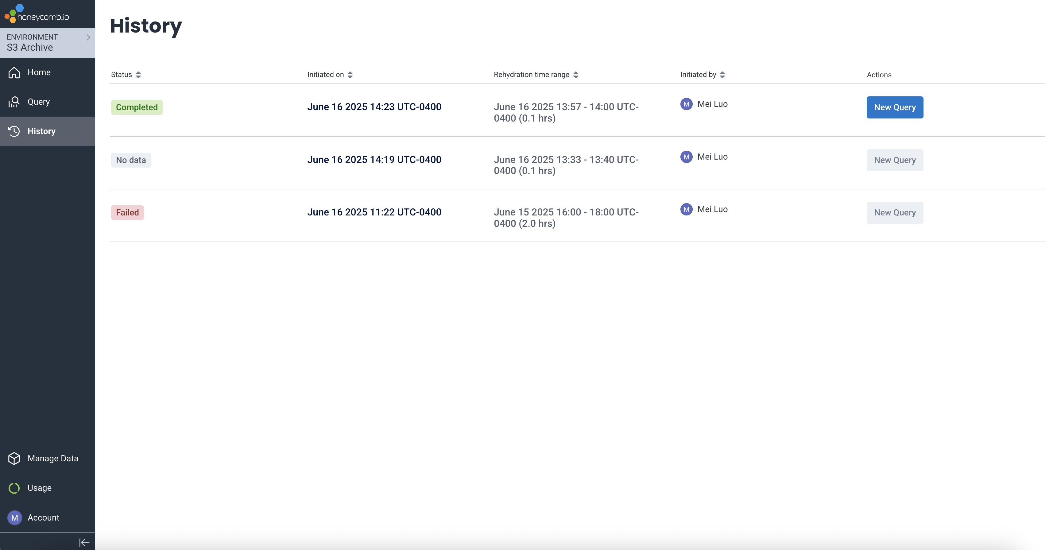 Screenshot of Rehydration History