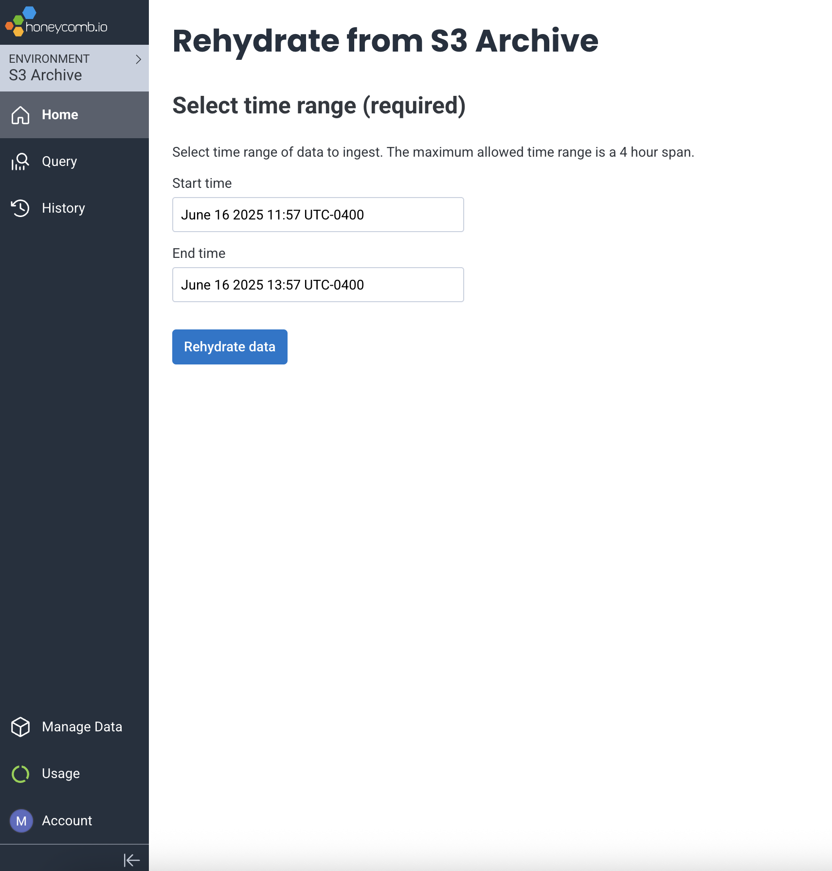 Screenshot of Rehydrate from S3 Archive screen.