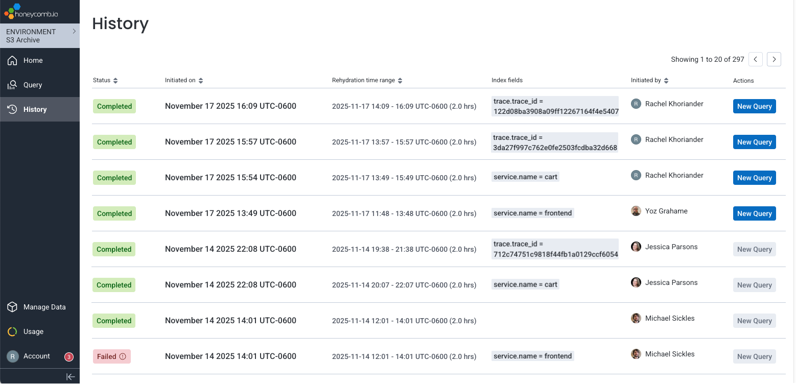 Screenshot of S3 Archive History screen