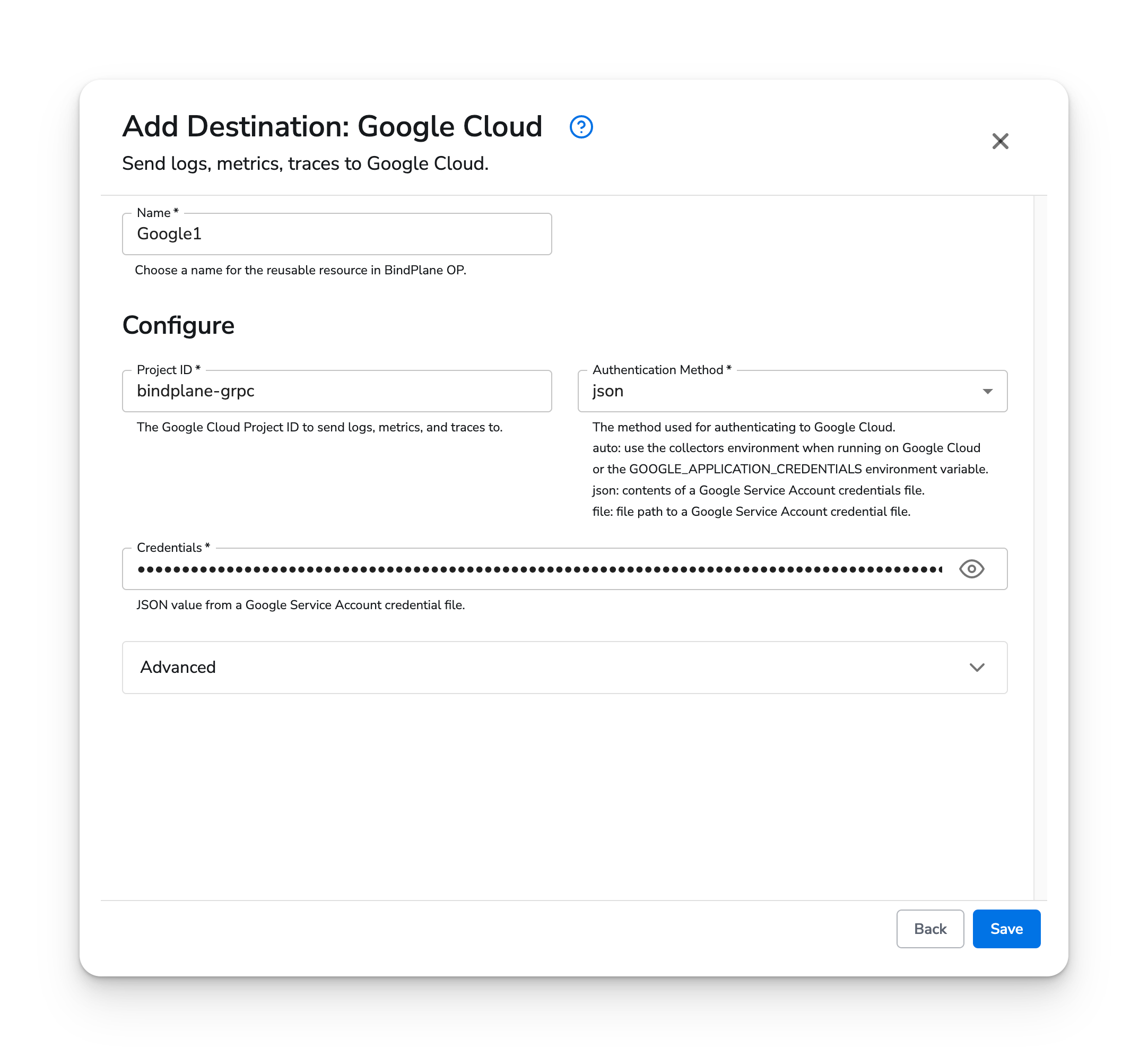 Honeycomb Docs - Google Cloud - json configuration