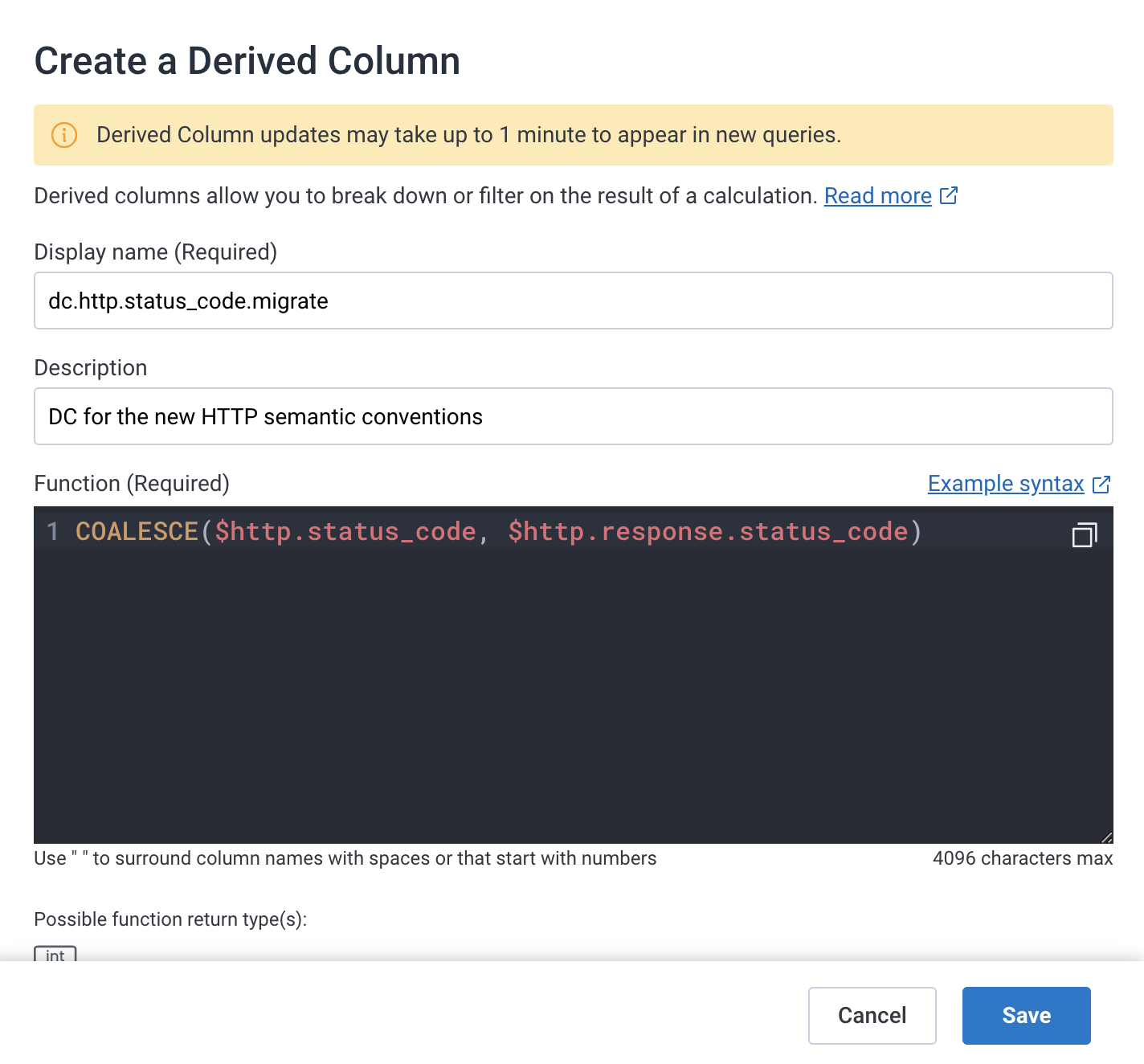 Screenshot of a derived column using coalesce