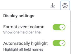 Event Actions menu with the Format data option deselected and the Automatically highlight fields option selected.