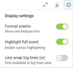 Event View Display Settings menu with the 'Format events' option selected, the 'Highlight full event' option selected, and the 'Line wrap log lines' option deselected.