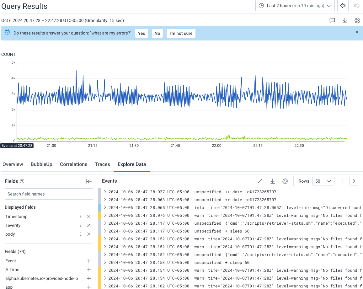 Query Builder with Explore Data tab selected and log lines display