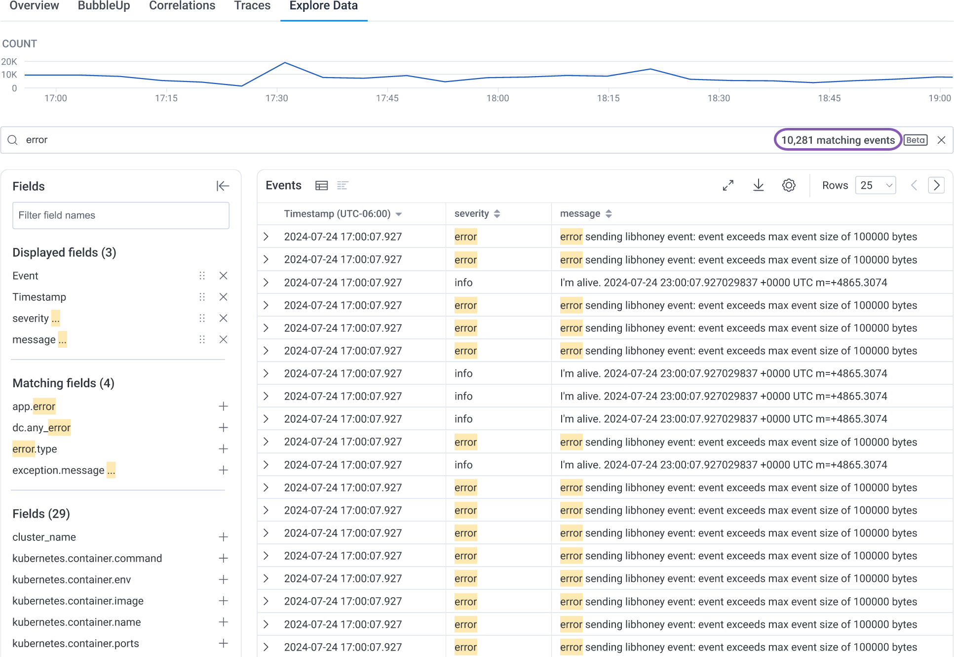 Results returned in the Explore Data view for the search term 'error'. The total number of matches found is displayed near the search bar, and each occurrence of the word 'error' is highlighted in the table display and the fields list. Field names that do not contain the word 'error' may also be highlighted in the fields list, but only if the corresponding field value contains the word 'error'.