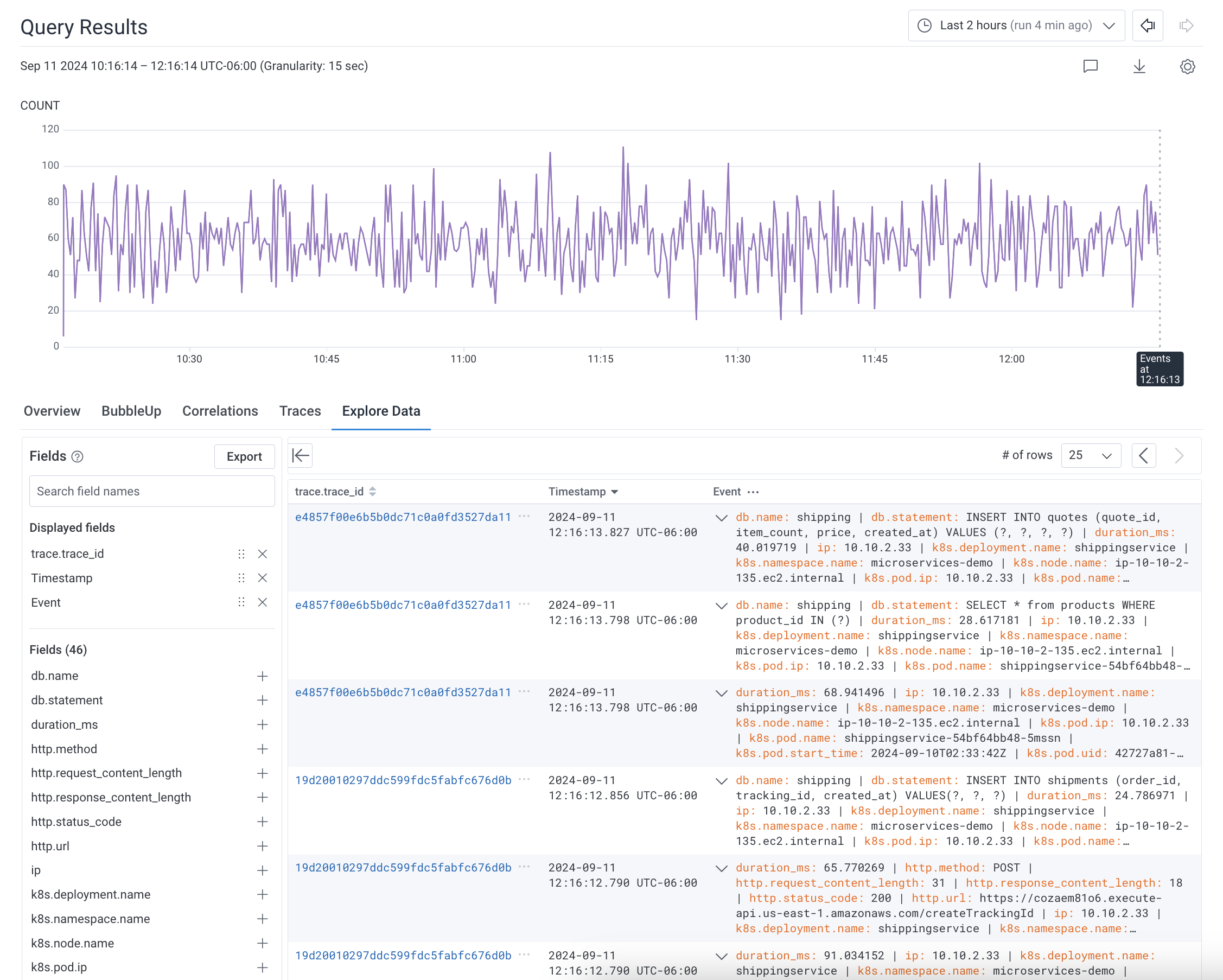 Query Builder with Explore Data tab selected and table display