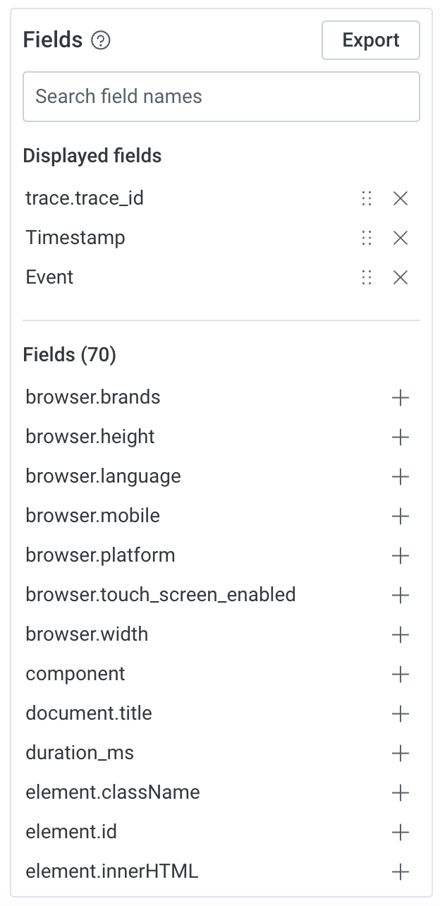 Fields list display with three selected fields in the displayed fields section.