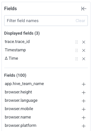 Fields list display with three selected fields in the displayed fields section.