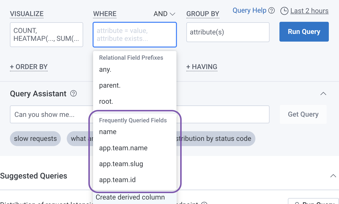 Query Builder with the WHERE clause dropdown open. The frequently-queried fields section is highlighted.