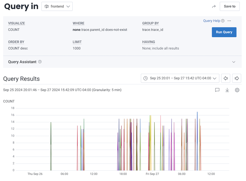 Honeycomb Query Builder with the discussed query options entered.