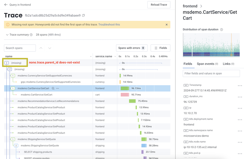 A trace summary that displays multiple spans. At the top of the trace summary, the parent span is labeled as missing, which is expected.