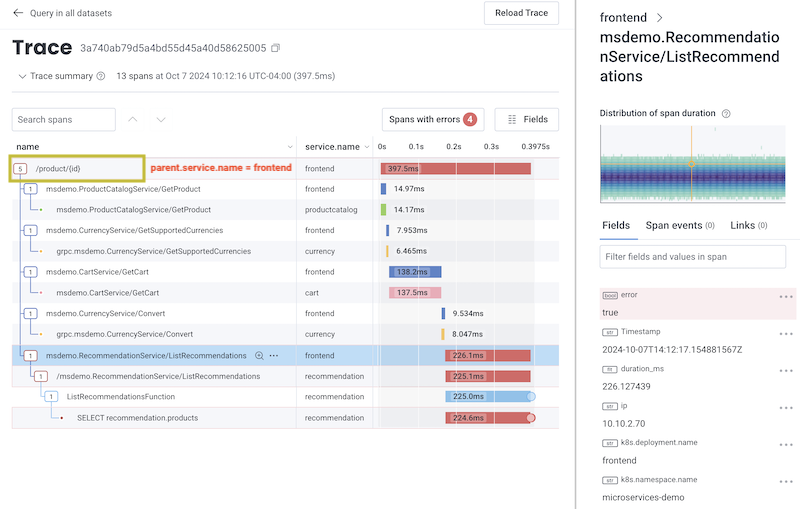 A trace summary that displays multiple spans. Some spans have been highlighted, including a parent span named product/id with a service.name of frontend.