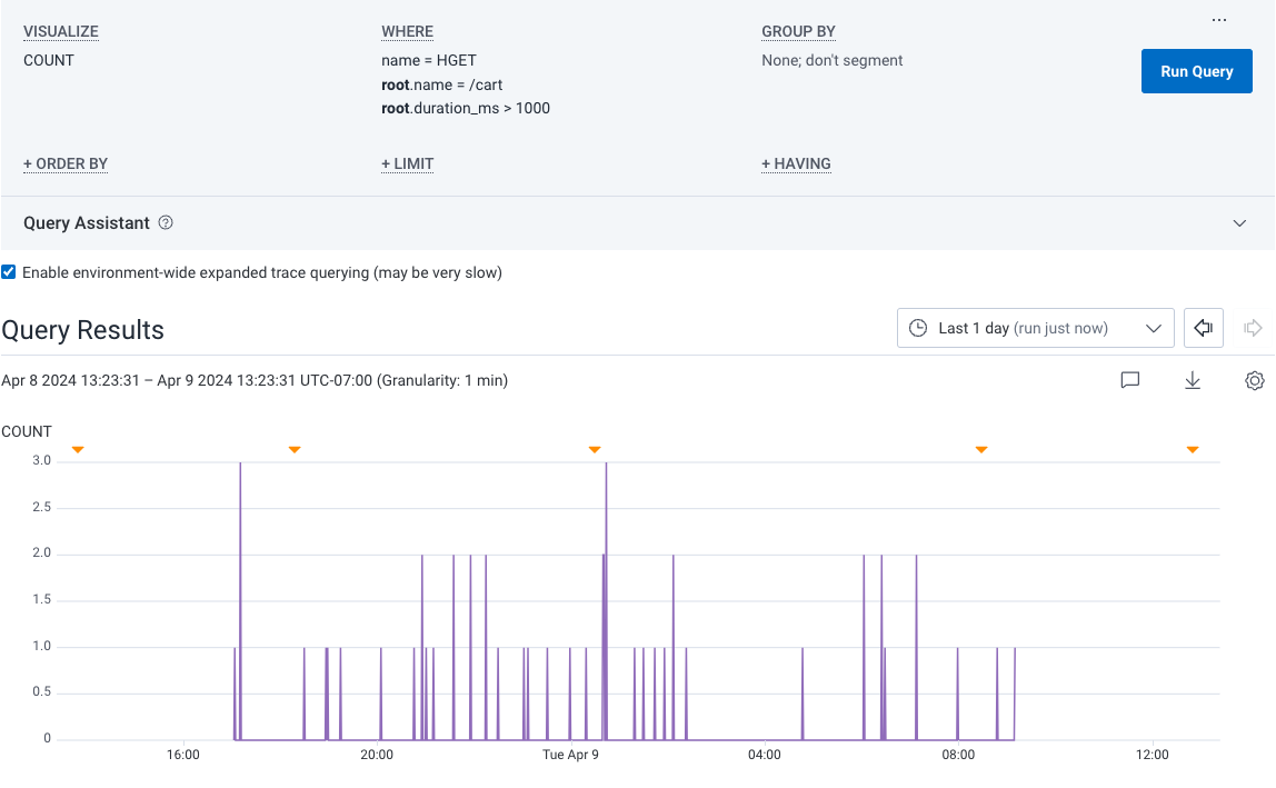 Honeycomb Query Builder with the discussed query options entered.