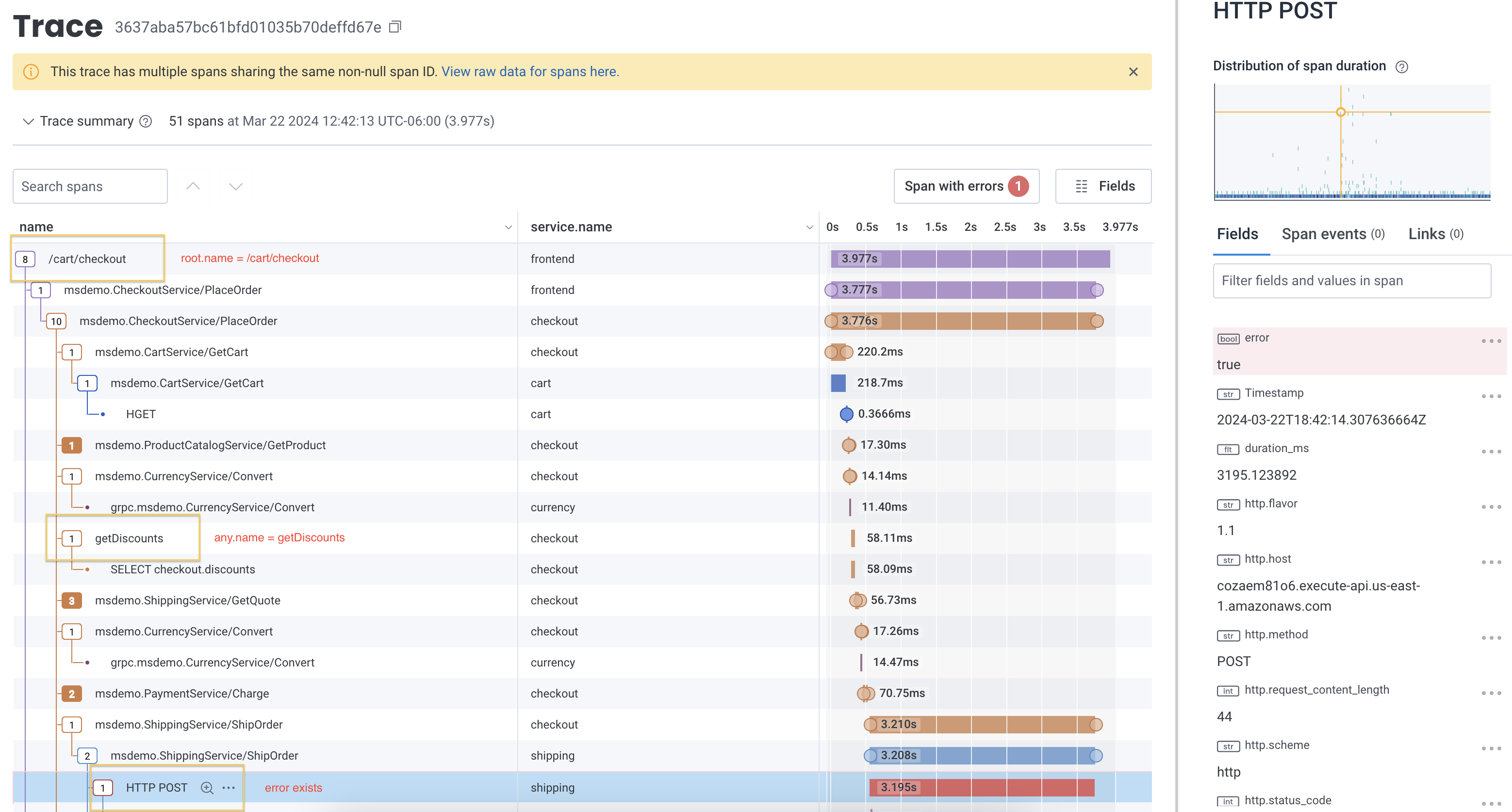 A trace summary that displays multiple spans. Some spans have been highlighted, including a root span named /cart/checkout, its child named getDiscounts, and a span where an error exists.