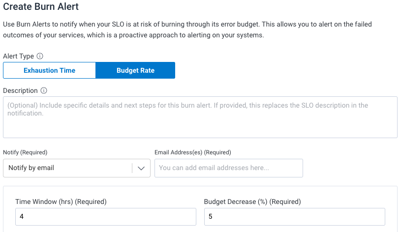 SLO Create Budget Rate Burn Alert Form.