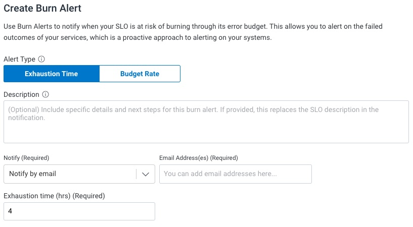 SLO Create Burn Alert Exhaustion Time Form.