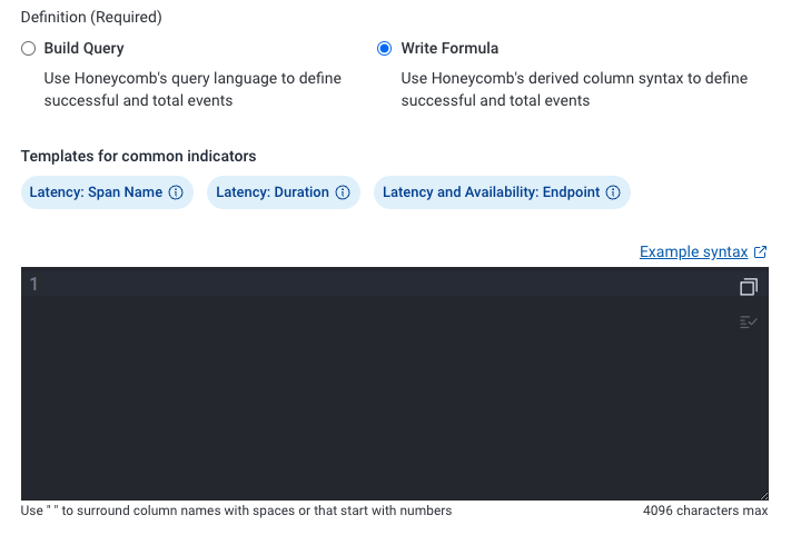 New Service Level Indicator (SLI) Modal - Write Formula