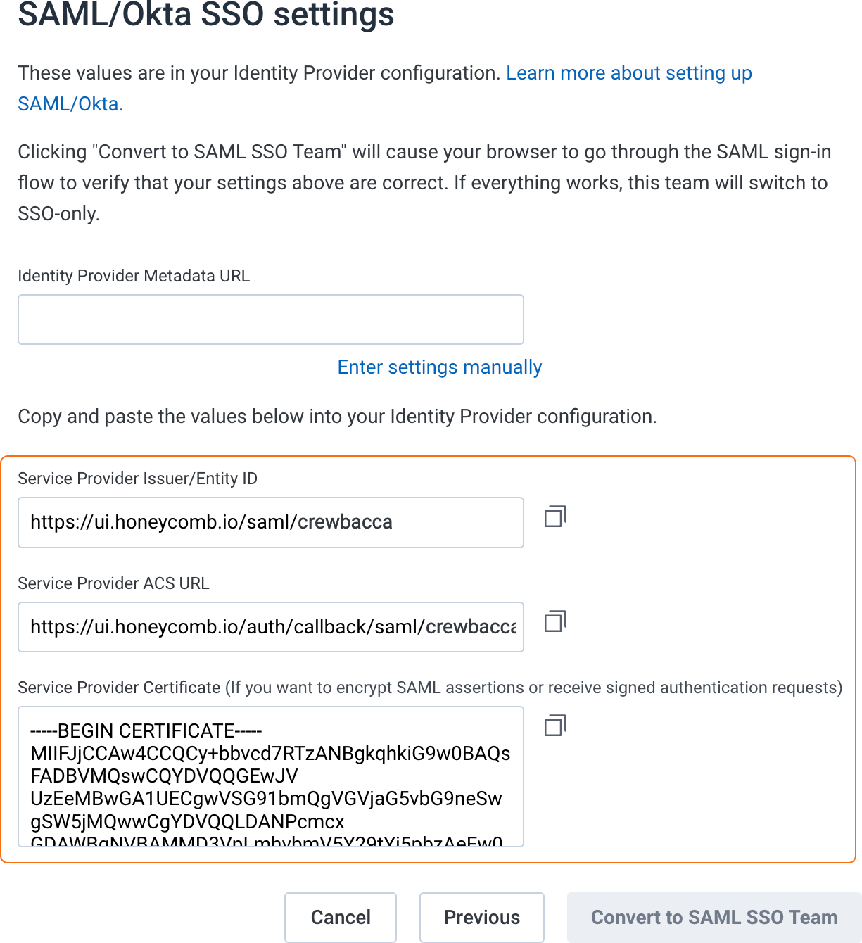 SAML Honeycomb settings screen