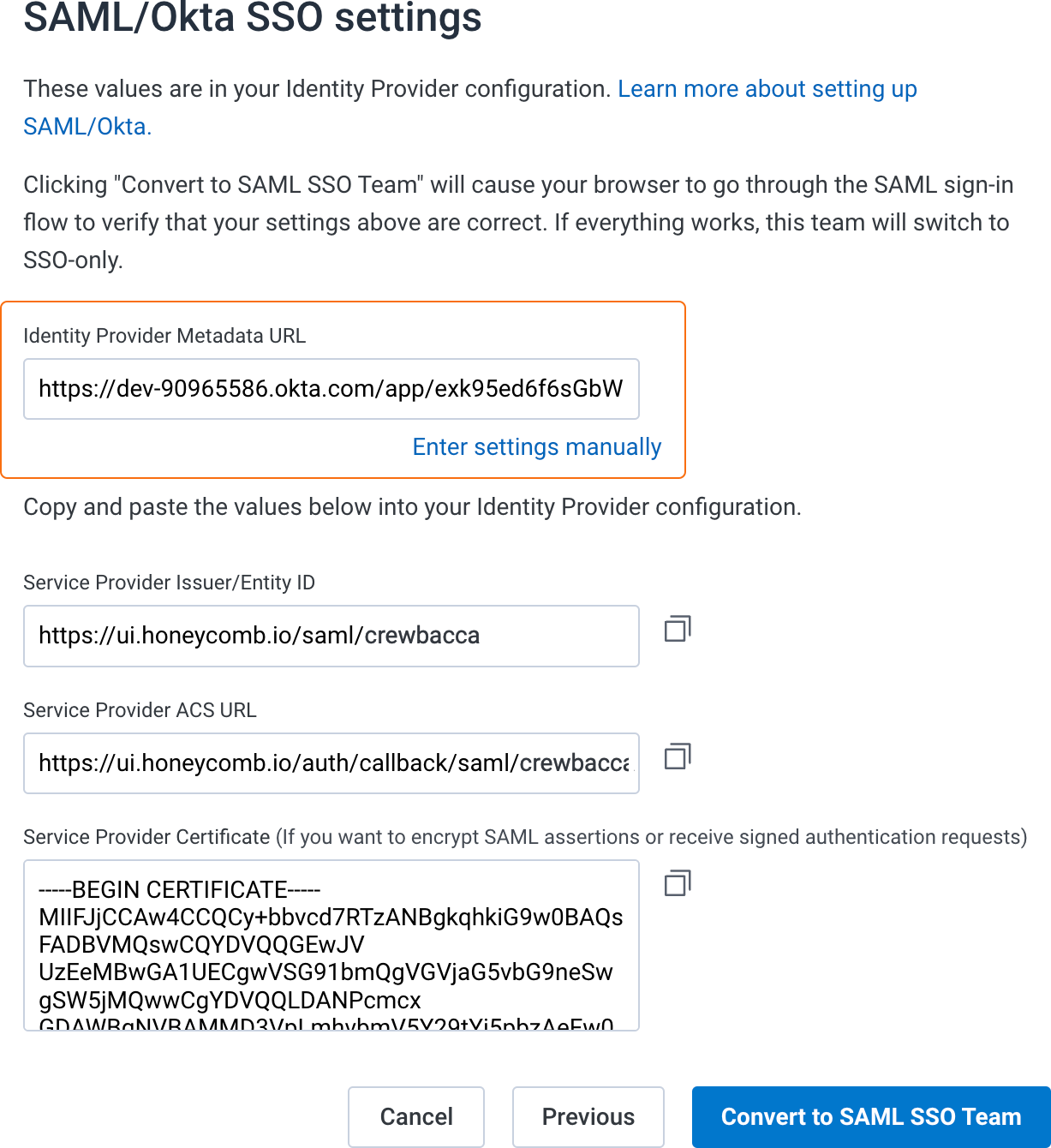 SAML Honeycomb settings screen