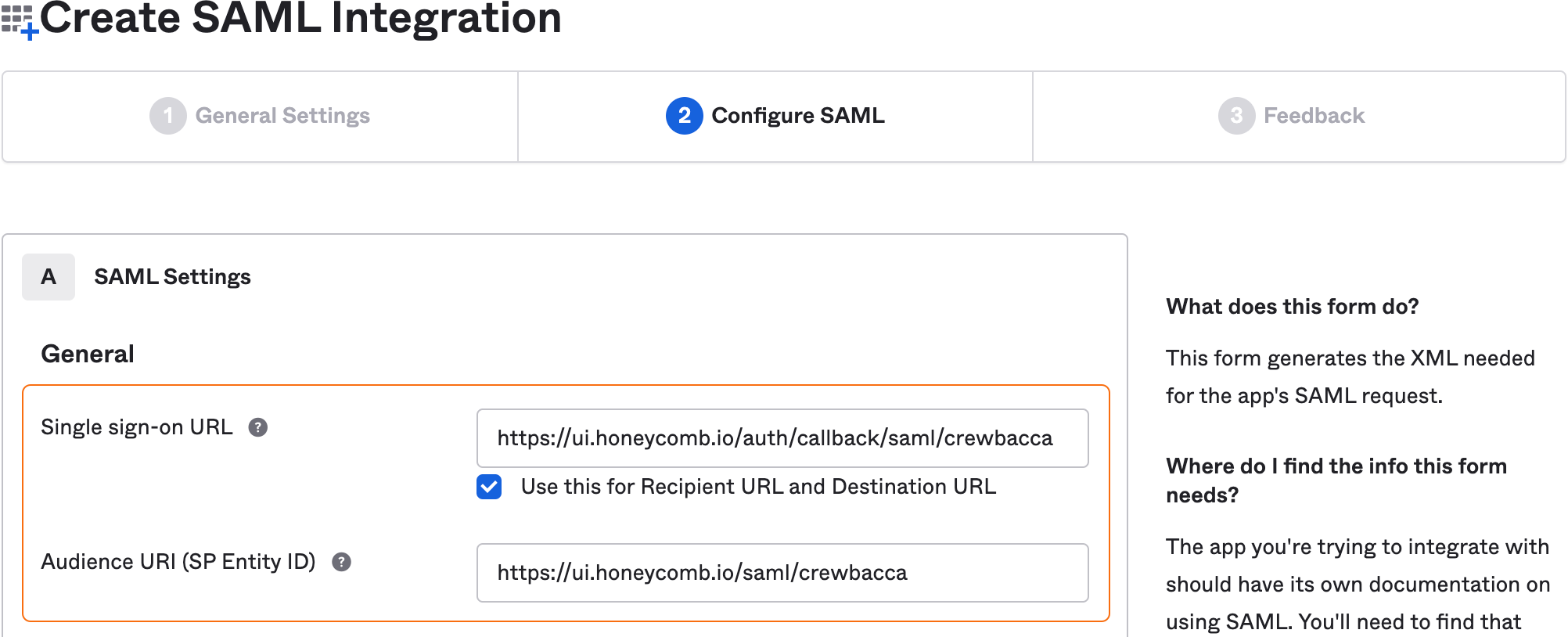 Fill in SAML settings