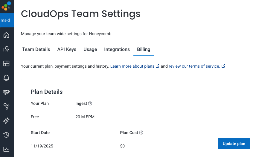 Screenshot showing the Billing tab with current plan information and Update Plan button