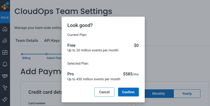 Screenshot showing the confirmation modal with current and selected plan comparison