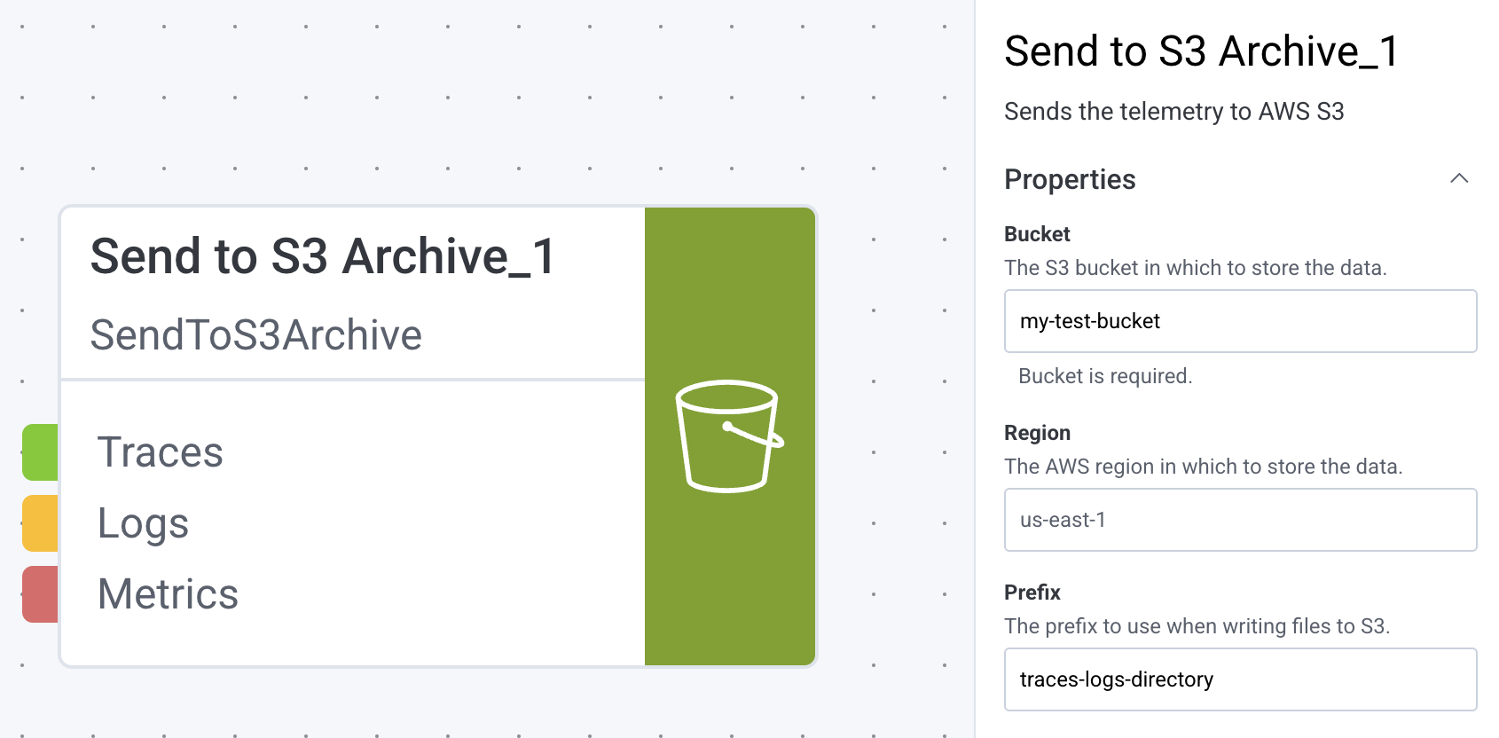 An example of the Send to S3 Archive component and its available properties on the Pipeline Builder canvas.