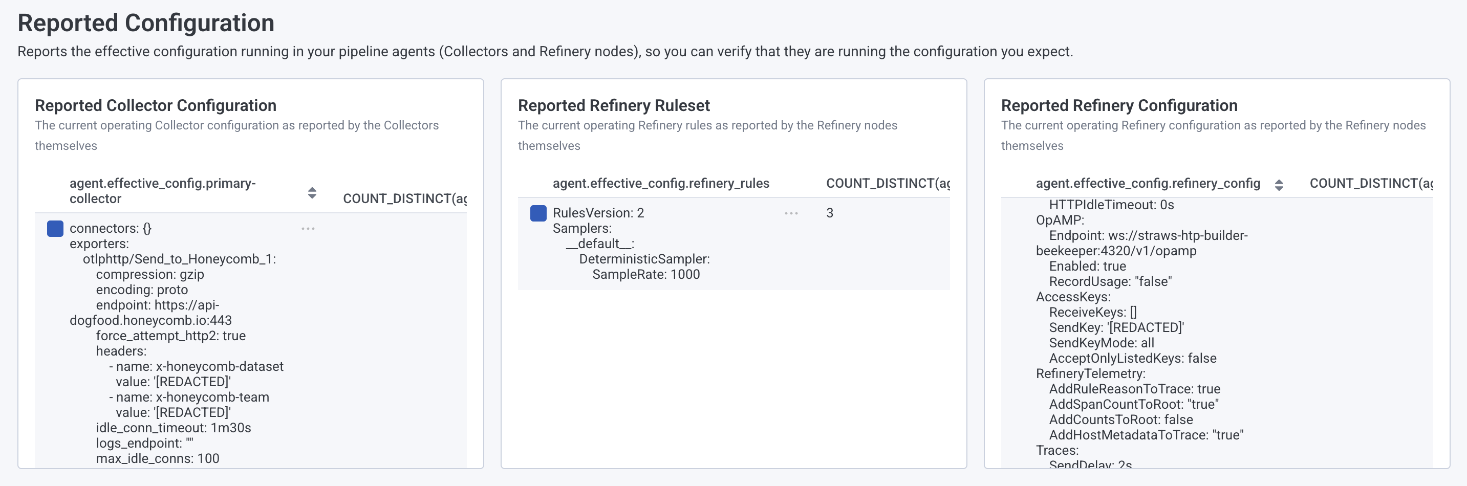 Screenshot showing the Reported Configuration charts on the Pipeline Health page