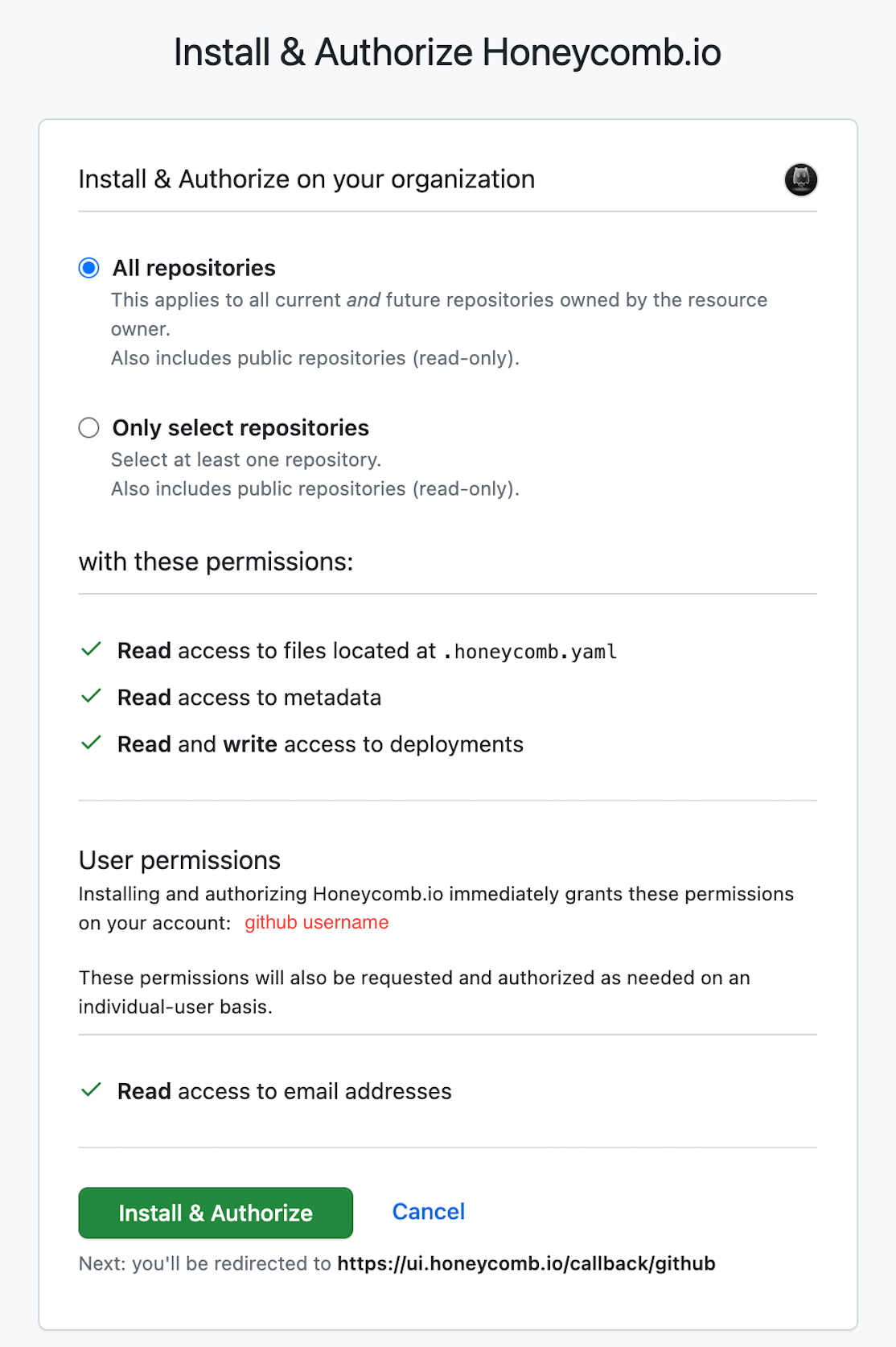 GitHub app authorization modal