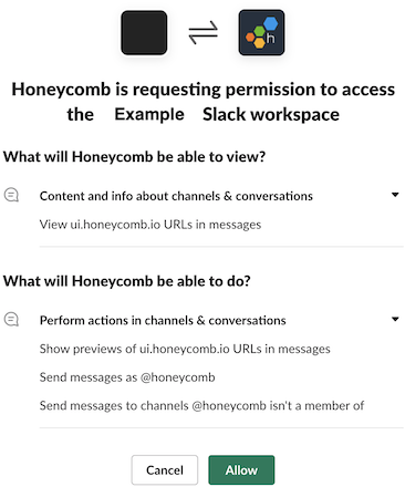 Screenshot example of Honeycomb's requested permissions when linking to your Slack workspace