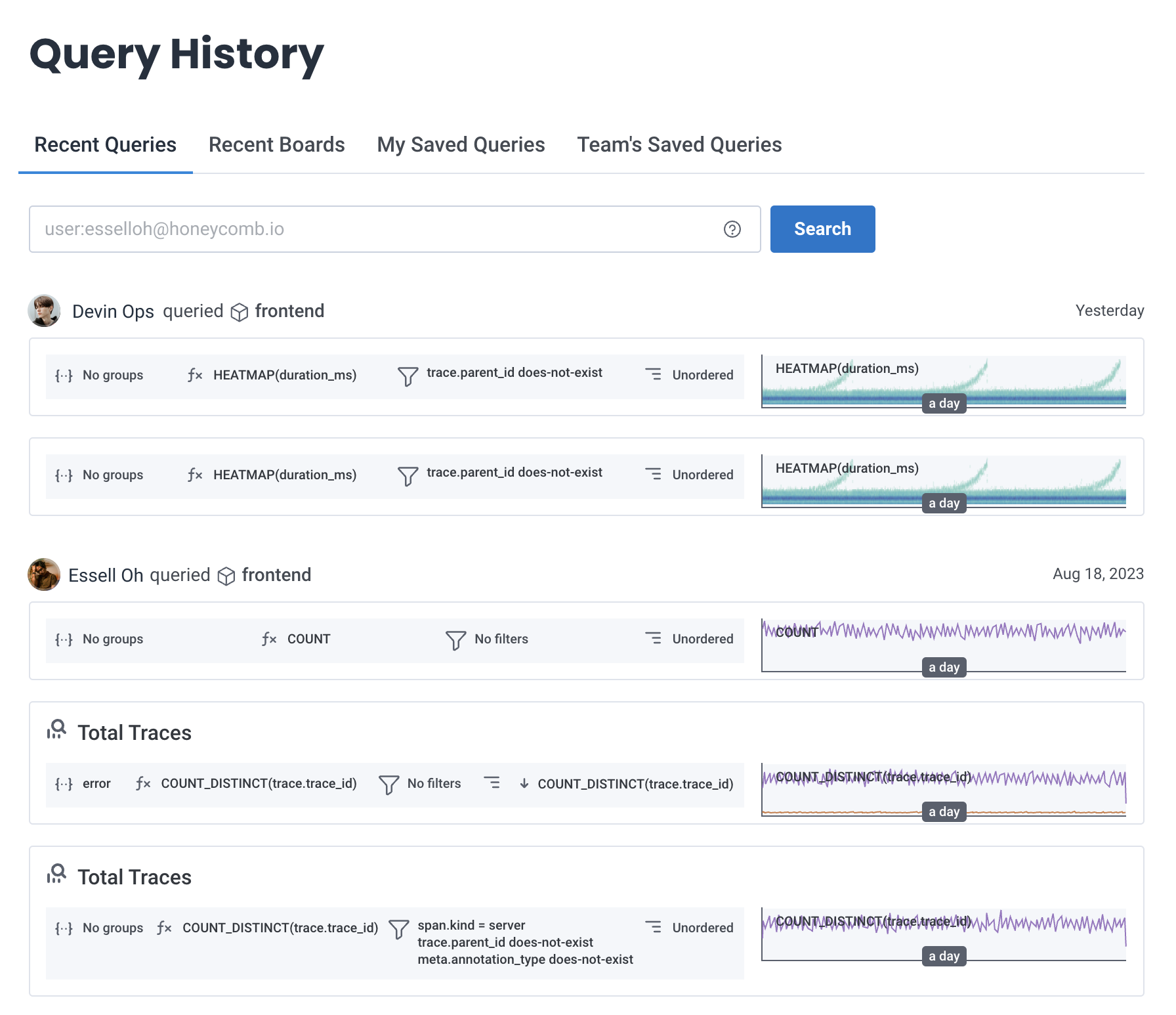 Query History page showing recent team activity (screenshot)