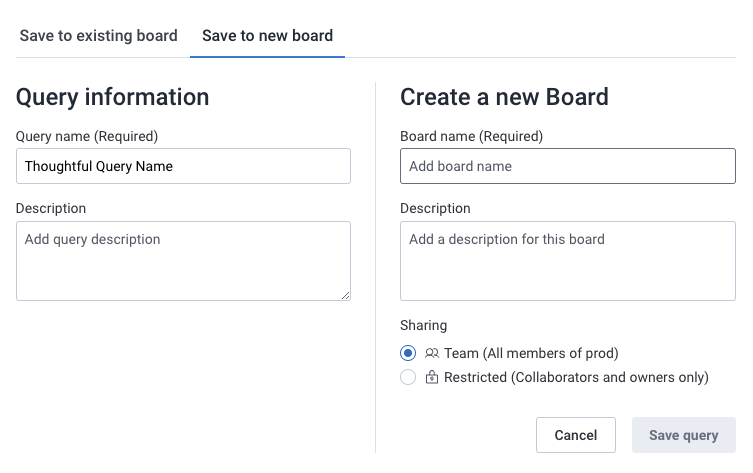 Screenshot of Save to a New Board modal with Query information and Create a new Board sections