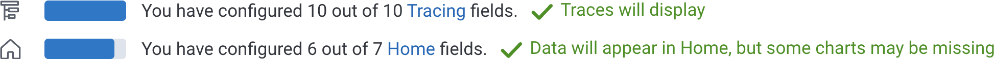 Example of Tracing and Home configuration completion indicators with Tracing complete and Home partially complete.