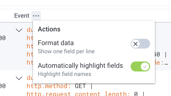 Event Actions menu with the Format data option deselected and the Automatically highlight fields option selected.