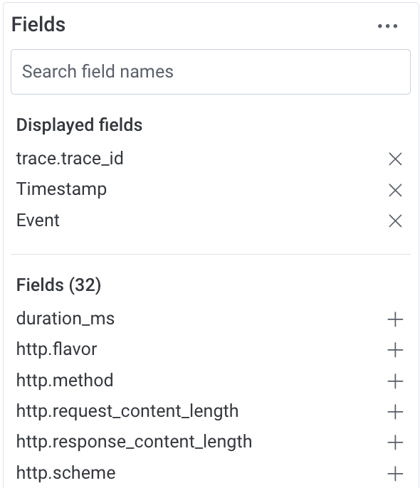 Fields list display with three selected fields in the displayed fields section.