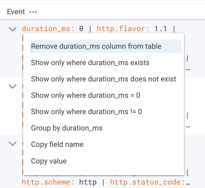 Events Column action menu with eight menu options listed.