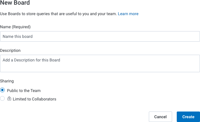 Screenshot of New Board display with Name, Description, and Sharing Status fields