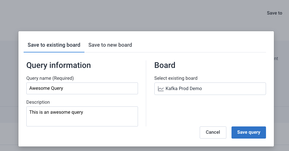 Screenshot of Save to existing board modal with Query information and Board sections