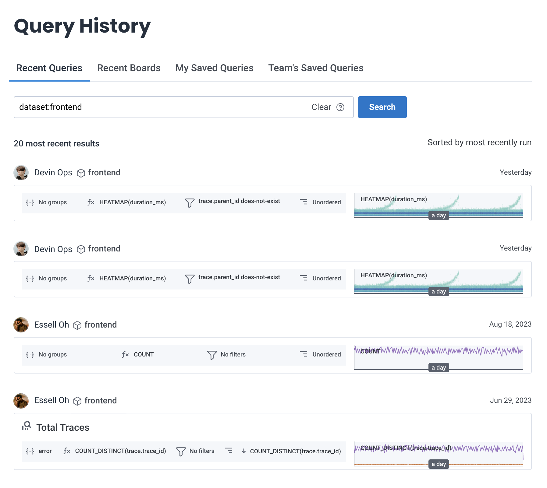 Query History page showing a query history search (screenshot)