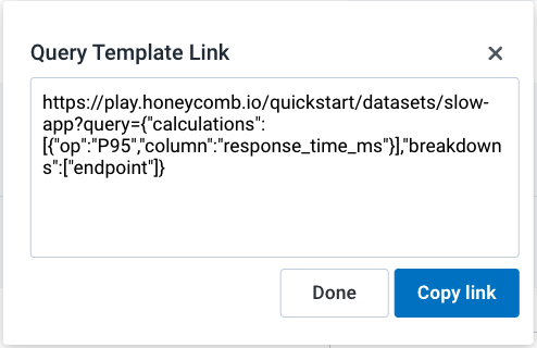 Get Query Template Link modal with displayed Query Template URL and Copy Link button