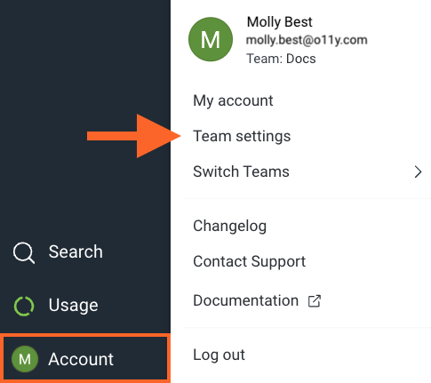 Expanded Account Menu showing the Team Settings option